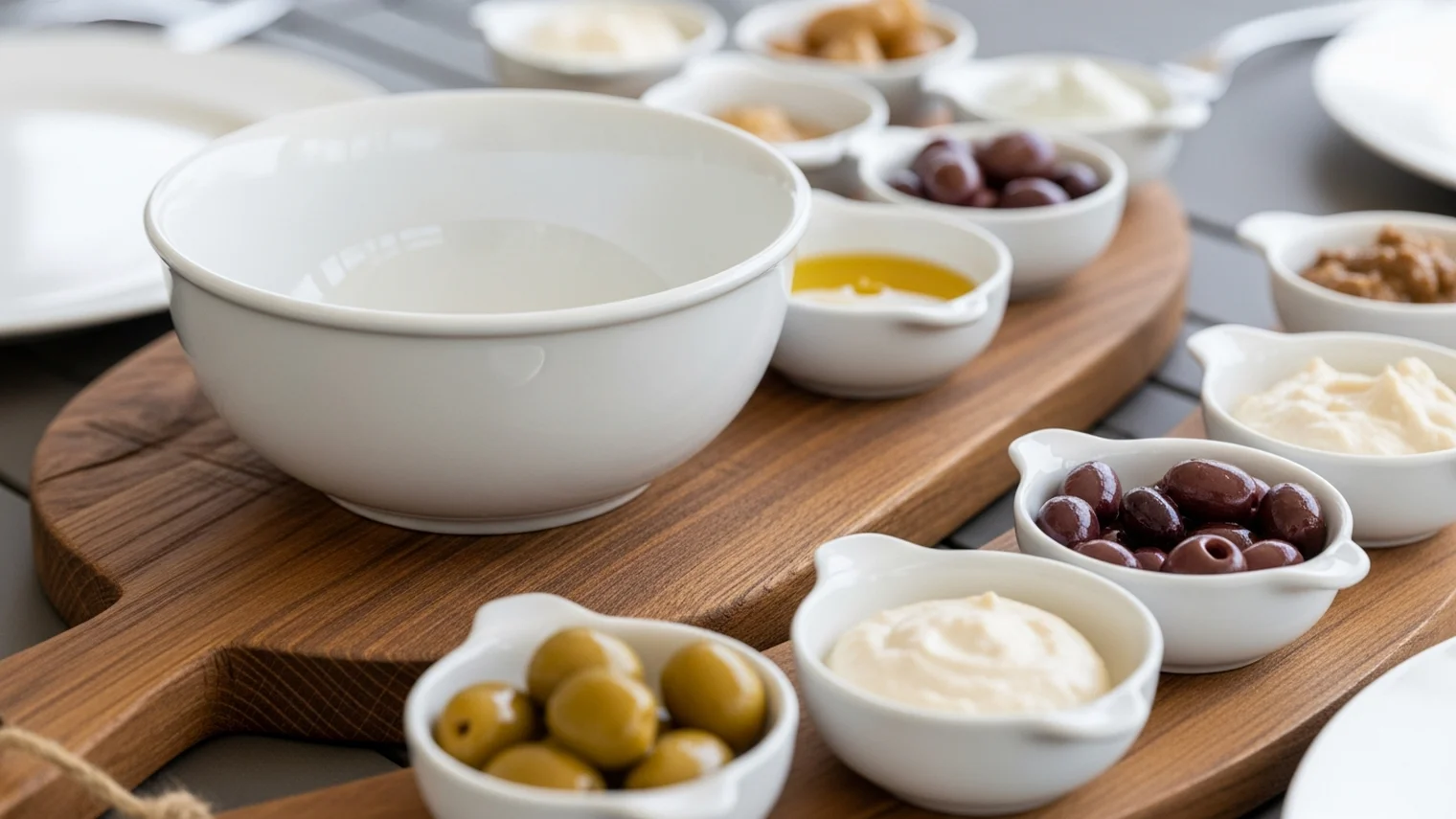 כלי הגשה על שולחן אירוח: קרש עץ, קערות קרמיקה וצלוחיות רוטב אישיות